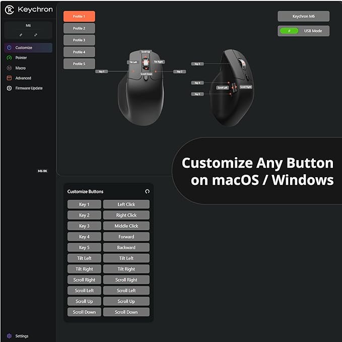 Keychron M6 8000 Hz Wireless Bluetooth 2.4 GHz/Wired Connection Mouse Lightweight Body Programmable PixArt 3950 Sensor for Windows Mac Linux - Black