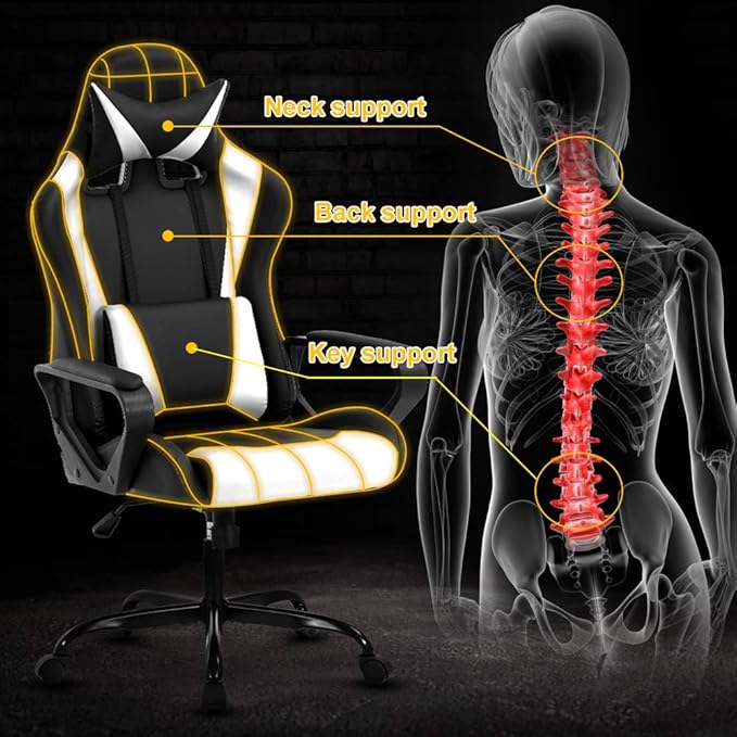 Modern Gaming Chair Ergonomic High Back PU Leather Office Chair with Lumbar Support White