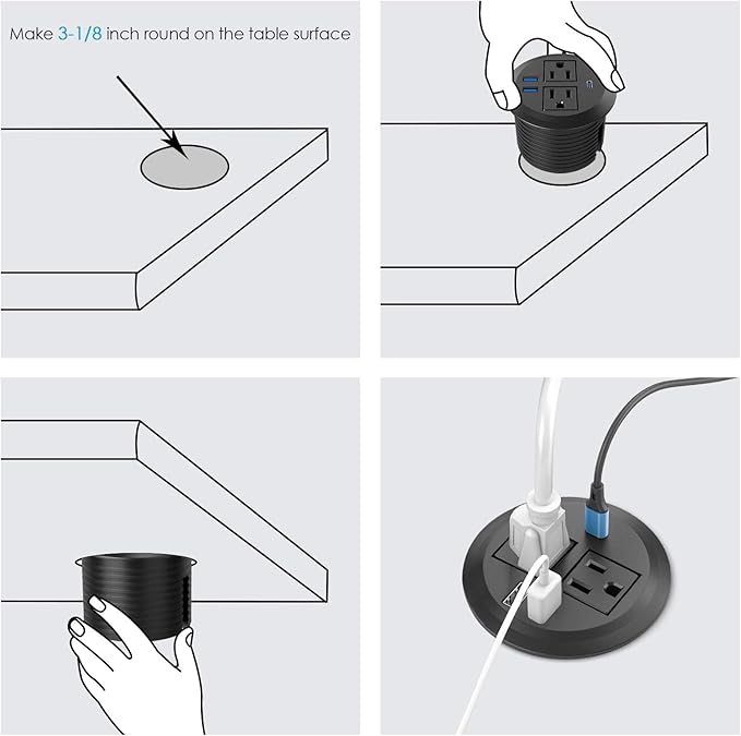 3 inch Desktop Power Grommet USB C20W Fast Charging StationFurniture Recessed Power Strip2 Outlets3 USB PortsFlush-Mount for Desktop Workspace Essential Desk Outlet2 Pack (Black)