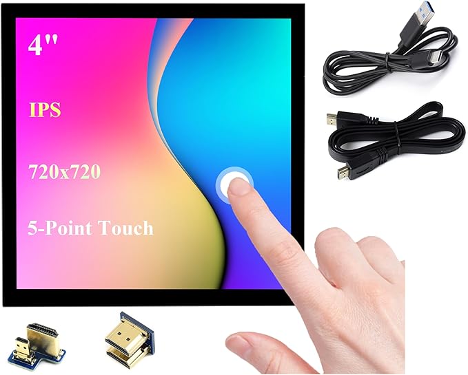 4inch HDMI LCD Square Capacitive Touch Screen Compatible with Raspberry Pi 5/4B/3B+/3B/2B/Zero/Zero W//Zero 2W/Jetson Nano/Windows 11/10/8.1/8/7 720x720 Resolution IPS Display USB-C Port