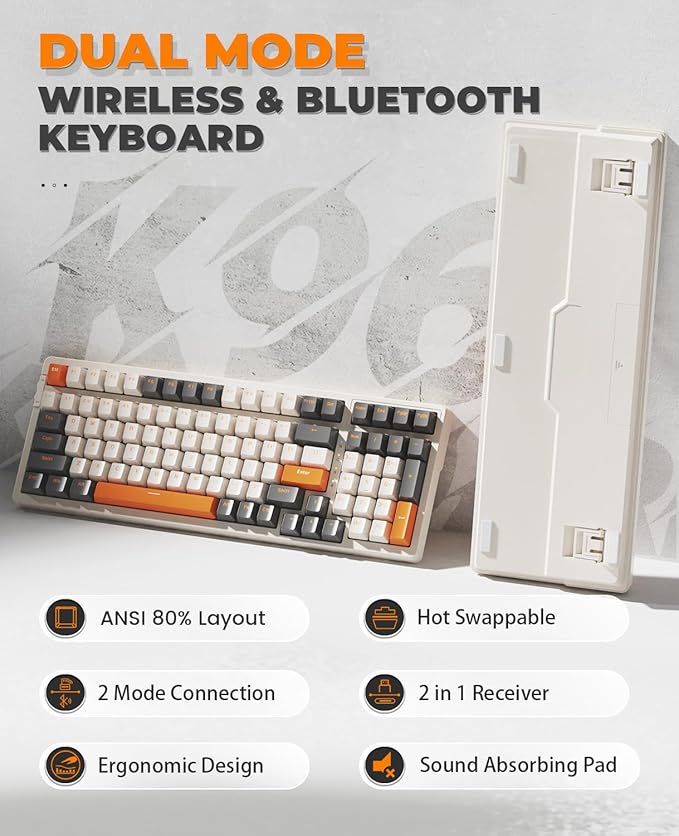 MAGIC-REFINER RK96 Wireless Mechanical Keyboard Dual Mode 2.4G/BT5.0 2-in-1 Receiver 100 Keys Hot Swappable Red Switches Gaming Keyboard with Number Pad for PC Gamers/Mac/Windows