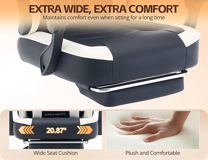 Office Chair Breathable Leather with Pocket Spring Cushion Wide and High Ergonomic Office Chair with Headrest Computer Gaming Chair with Footrest for Adult Black and White
