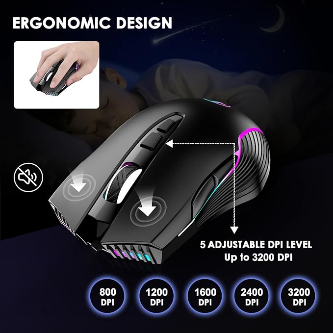 Wireless USB C Mouse with Jiggler for Computer Mac Laptop LED Wireless Rechargeable Mouse for MacBook Air Pro/iMac Desktop with Type C Adapter Ergonomic 5 Adjustable 3200 DPI 7-Color LED