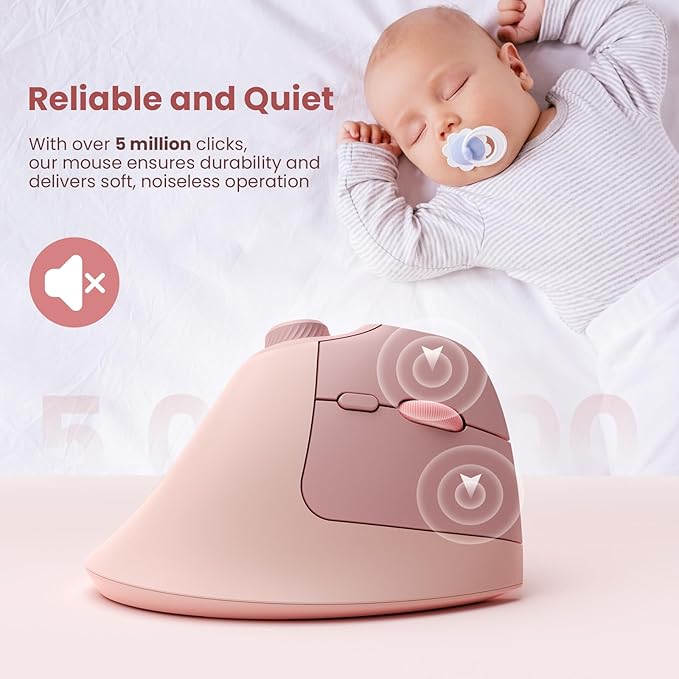 seenda Ergonomic Mouse Wireless MOU-302 Bluetooth Vertical Mouse Rechargeable Optical Mice with 1000/1600/2400 DPI Volume Knob 3 Multi-Device Connectivity for Computer/PC/Laptop/Mac Pink