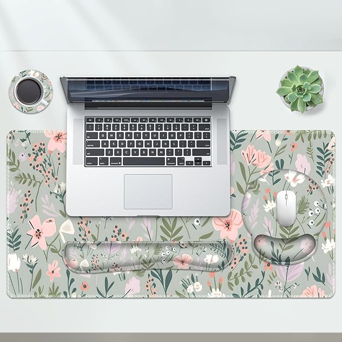 AIMSA Keyboard Mouse Pad Set Extended Mouse Pad Keyboard Wrist Rest Support Memory Foam Ergonomic Desk Pad Set for Home Office Study Game Pink White Flowers Plants