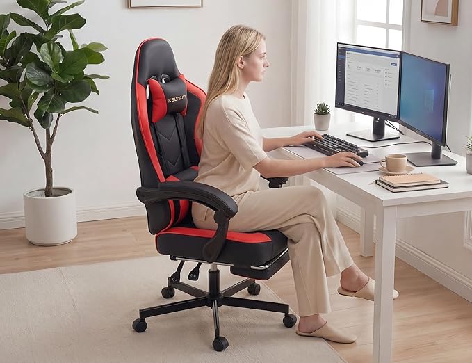 Office Chair Breathable Leather with Pocket Spring Cushion Wide and High Ergonomic Computer Gaming Chair with Headrest and Footrest for Adult and Teen Black and Red