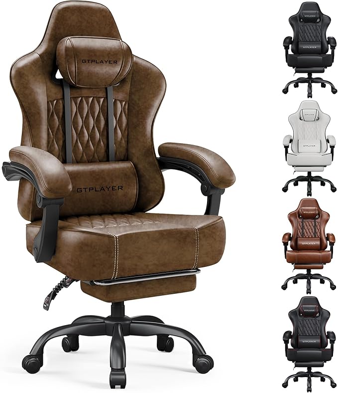 GTPLAYER Big and Tall Gaming Chair with Footrest Ergonomic Office Desk Chair with 4.4in Thick Cushion and Wide Wingless Seat Comfortable Leather Computer Chair Predator Series Rustic Brown