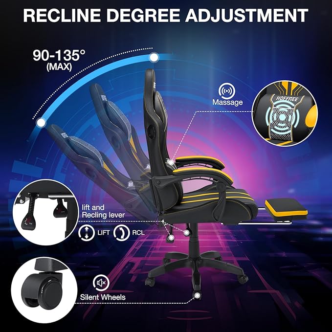 HOFFREE LED Gaming Chair with Speakers and Massage Video Game Chair Big and Tall with Footrest Gamer Chair for 400lbs Computer Desk Chair Yellow and Black Yellow+black HOGC-MAX303
