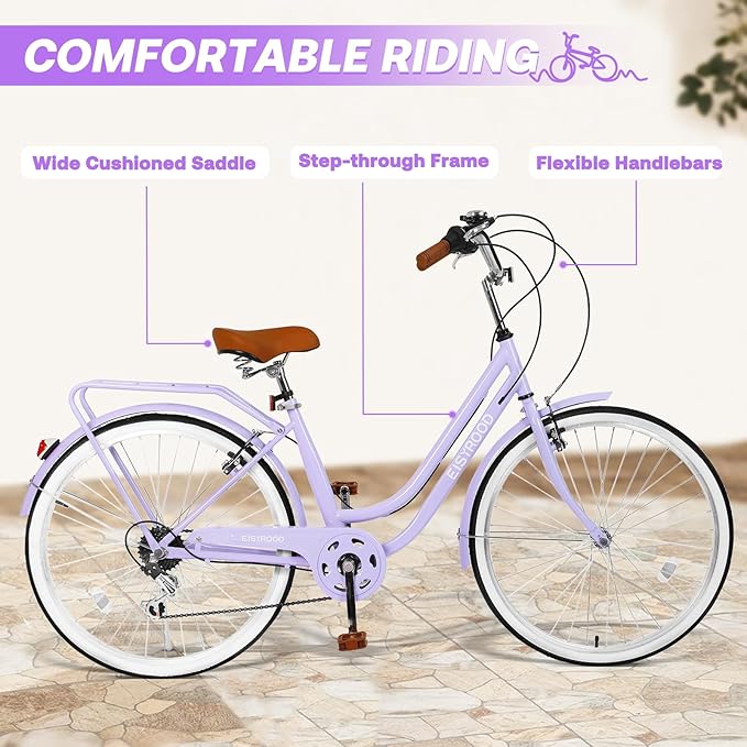 26 Women's Cruiser Bike 7-Speed City Bike Duable Bar Featuring Convenient Basket &amp Rack Perfect Adult Bicycle for Commuting Leisure and Stylish Comfortable Rides Purple
