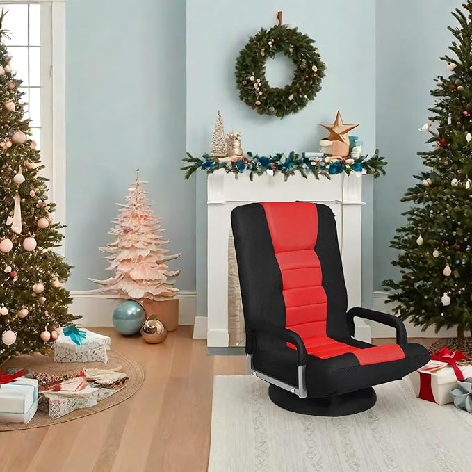 ERGOMASTER 360 Degree Swivel Video Gaming Floor Chair w/Armrests Adjustable 6-Position Folding Floor Chair Padded Backrest for Game Reading (Black/Red)