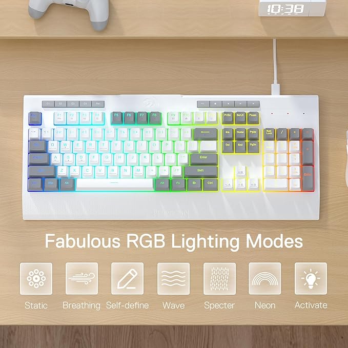 Redragon K525 RGB Backlit 104 Keys Wired Membrane Gaming Keyboard w/ 5 Multimedia Keys &amp 4 Extra On-Board Macro Keys Dedicated Media Control Ergonomic Wrist Rest Linear Mechanical-Feel Switch