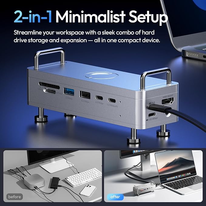 ULANZI QT03 Docking Station &amp Stand with NVME SSD Enclosure 40Gbps 10-in-1 with 10 Gbps 4 USB C-A/Audio/4K HDMI/SSD/Hub/TF/SD Port Compatible with Mac mini M4 M4 Pro/Dell/HP/Lenovo/iPhone and Mo