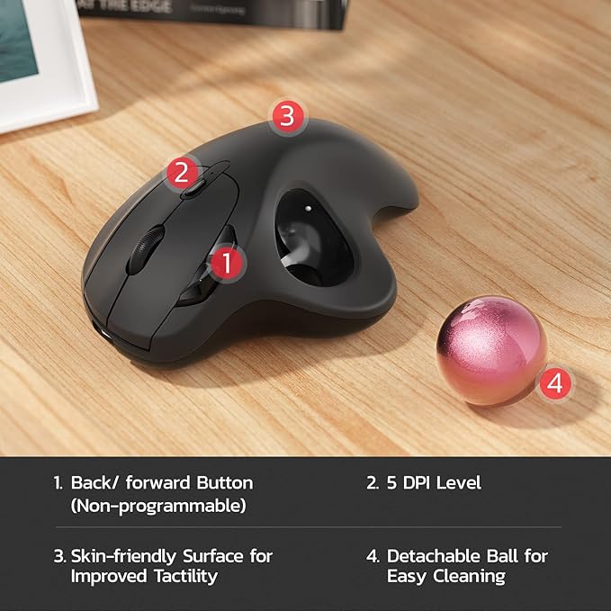 Nulea M501 Wireless Trackball Mouse Rechargeable Ergonomic Thumb-Controlled Smooth Precision 3-Device Connect (Bluetooth/USB) Fits PC Laptop Mac Windows（Dusty Pink）