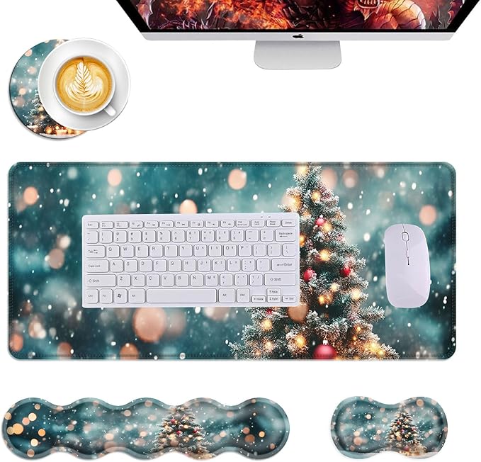 Mouse PadLarge Desk Mat Set 4in1 XL Mousepad + Keyboard Wrist Rest+Mouse Wrist Rest+Coaster with Ergonomic Desk Pad for Home Office Table Computer Cover -Snowy Christmas Tree with Lights
