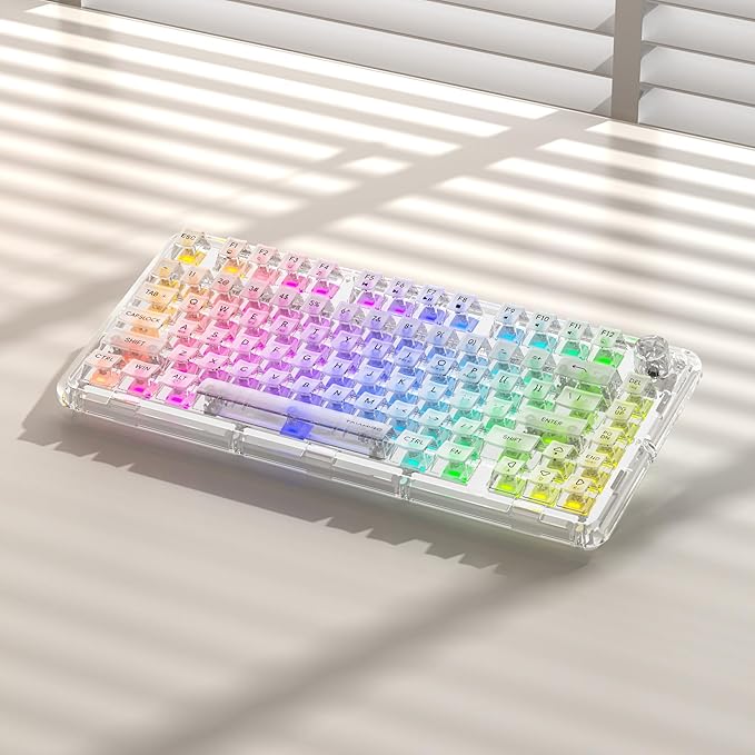 Transparent Mechanical Keyboard RGB Backlit Wireless Creamy Gaming Keyboards Hot Swap Customizable Clear Acrylic Design 80-Key Quiet Linear Switches 3 Modes BT5.0/2.4G/USB-C 4000mAh Battery White