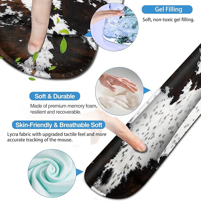 Ergonomic Mouse Pad Gel Wrist Support and Memory Foam Keyboard Wrist Rest Set for Gaming Computer Office Laptop Easy Typing Wireless Mouse Mat Black &amp White Cowhide Fur Pattern Office Desk Pad