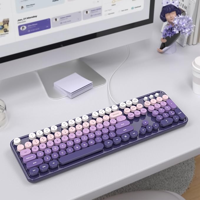 KNOWSQT Wired Computer Keyboard - Purple-Gradient Colorful Retro Full Size Round Keycaps Plug and Play Typewriter Cute Keyboards for Windows Laptop PC Desktop Computer