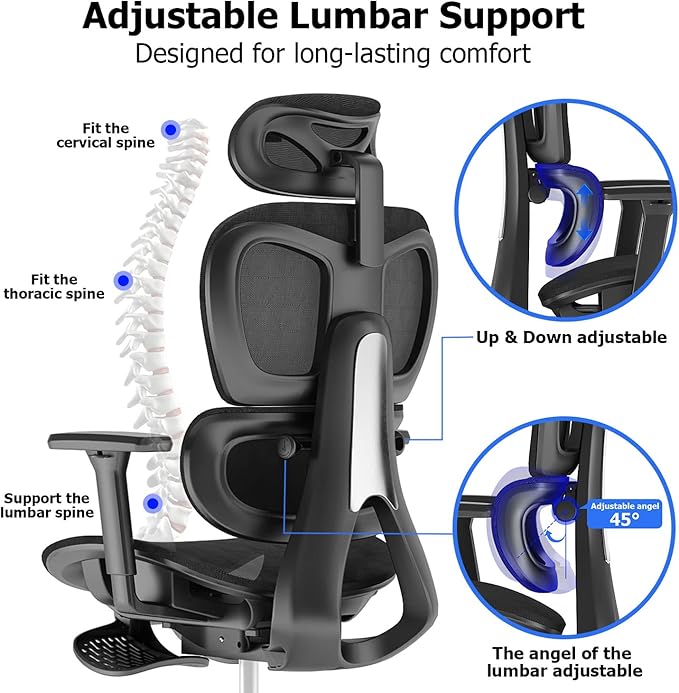 PatioMage Ergonomic Office Chair Big and Tall Desk Chair with Adjustable Lumbar Support &amp Seat Depth High Back Computer Chair Swivel Mesh Chairs with Wheels for Home Office Black