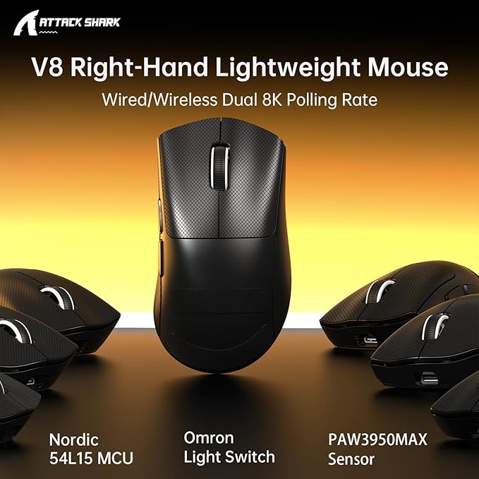 ATTACK SHARK V8 Wireless Gaming Mouse 59g Lightweight BT/2.4G Wireless/Wired Mouse PixArt PAW3950MAX Gaming Sensor 8K Polling42000 DPICoiled CableTapeOffice Mice for PC/Win/Mac(Black)