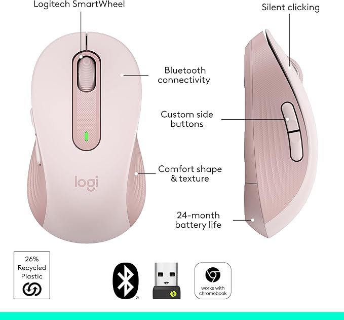 Logitech Signature M650 Wireless Mouse - for Small to Medium Sized Hands 2-Year Battery Silent Clicks Customizable Side Buttons Bluetooth for PC/Mac/Multi-Device/Chromebook - Rose
