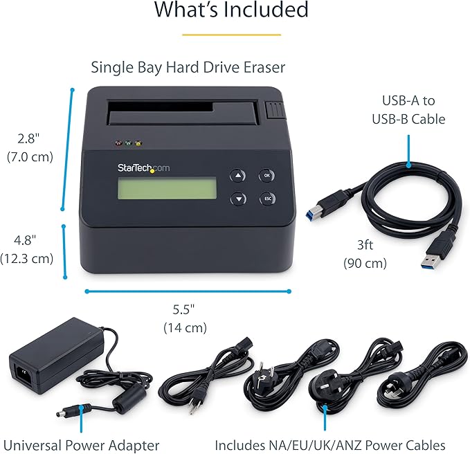 StarTech.com Single Bay SSD/HDD Hard Drive Eraser 2.5/3.5 SATA Hostless Standalone Secure Erase Disk Sanitizer Hardware Wiper Erasing Tool 9 Modes Printer Port NIST/DOD LCD TAA (SDOCK1EU3P)