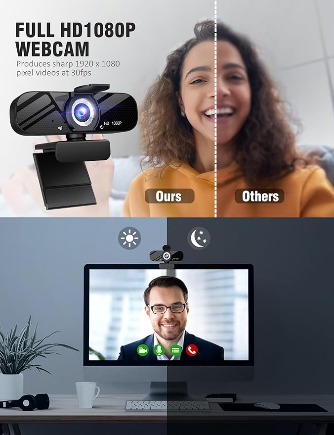 1080P HD Webcam with Built-in Microphone Rotatable Tripod Wide-Angle LensPrivacy Cover Auto Light Correction Plug &amp Play USB-A Webcam for Laptop Desktop PC Streaming-Black-1