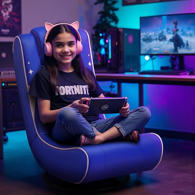 GTPLAYER Floor Gaming Chair Foldable Swivel Floor Chairs for Kids Boys Comfy Video Game Seat with 360° Multipurpose for Gamers Bedroom or Game Room (Blue)