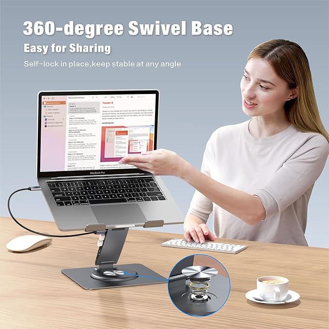 Adjustable Laptop Stand for Desk with Docking Station 9-in-1 Aluminum Laptop Riser with USB Hub 360° Swivel Dual Display 4K60Hz HDMI 3 USB3.0 100W PD Charging for MacBook Pro Air/Dell/HP 7-15.6