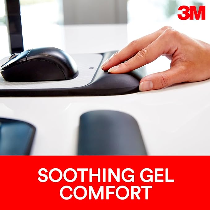 3M Precise Mouse Pad with Gel Wrist Rest Soothing 3M Gel Technology and Satin Smooth Cover for All Day Comfort Optical Mouse Performance and Battery Saving Design (MW85B) Extended Black
