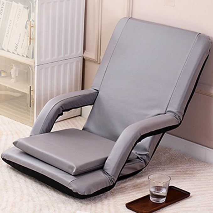 Adjustable Floor Chair Chaise Lounge Indoor Folding Lazy Sofa with Armrests Adults Gaming Chairs for Living Room Bedroom(Grey)