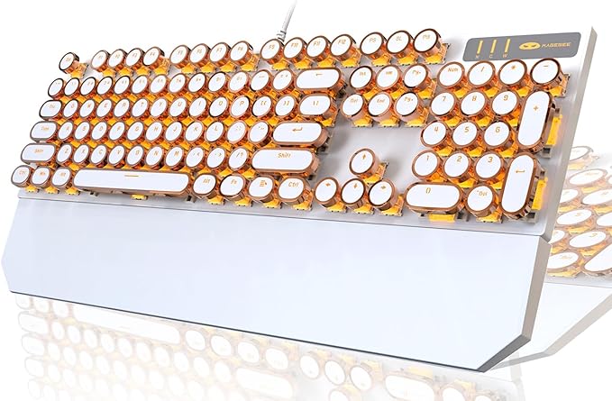 Camiysn Typewriter Style Mechanical Keyboard Retro Punk Gaming Keyboard with Gold LED Backlit Cute Wired Keyboards104 Keys Full Size Keyboards Uique Round Keycaps for Windows/Mac/PC(White&ampGold