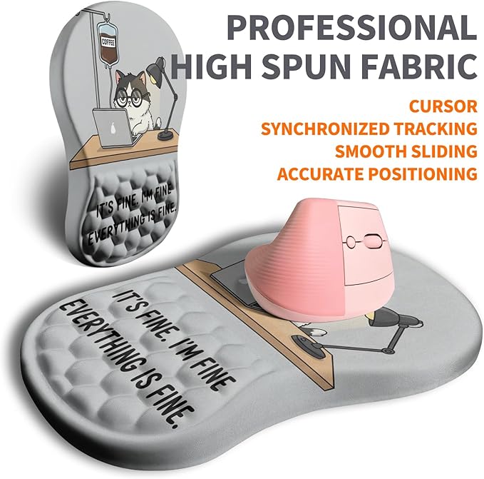 Ergonomic Joint Wrist Support Mouse Pad with Memory Foam Cushion Massage Bump Carpal Tunnel Pain Relief Mousepad Slope Design for Wrist Rest 11.8x7.9 in Funny Coffee Cat
