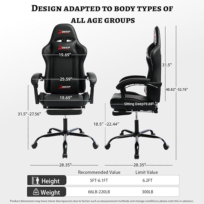 Ergonomic Gaming Chair with Footrest and Lumbar Massage Racing Office Chair High Back Computer Desk Chair with Headrest Pillow for Adults Video Game Chair for PC Gamer (1001-Black)