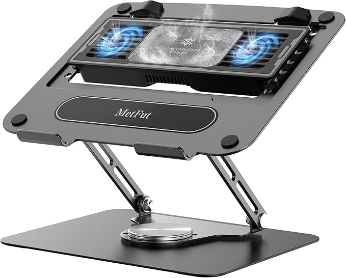 Laptop Cooling Pad with Detachable Fan &amp Thermoelectric Cooler Adjustable Height &amp Angle 360 Rotation Base Carbon Steel Framework Ultra-Quiet &amp Super Sturdy for up to 15.6” Laptop
