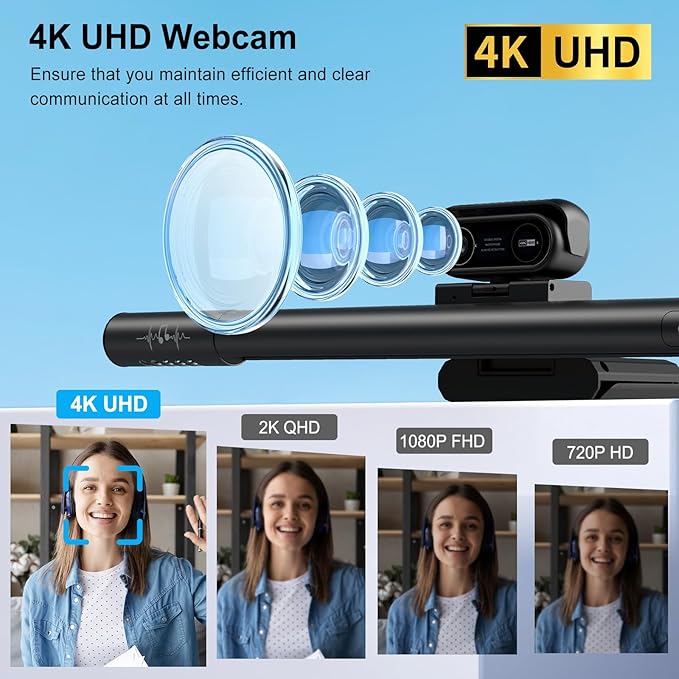 4K Webcam with Microphone and Speaker 4-in-1 Web Cam with Integrated Fill Light Bar Webcam for Pc Have Dual Speakers HDR Auto Light Correction Privacy Cover for Computer We bcam &amp Standing De