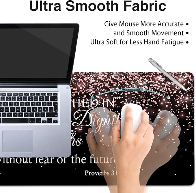 Desk Pad Extended Large Mouse Pad with Stitched Edges (31.5X11.8In) Ergonomic Mouse Wrist Rest Waterproof Computer Keyboard Mouse Mat Proverbs 31:25 Bible Rose Gold XXL Black Gaming Mouse Pad