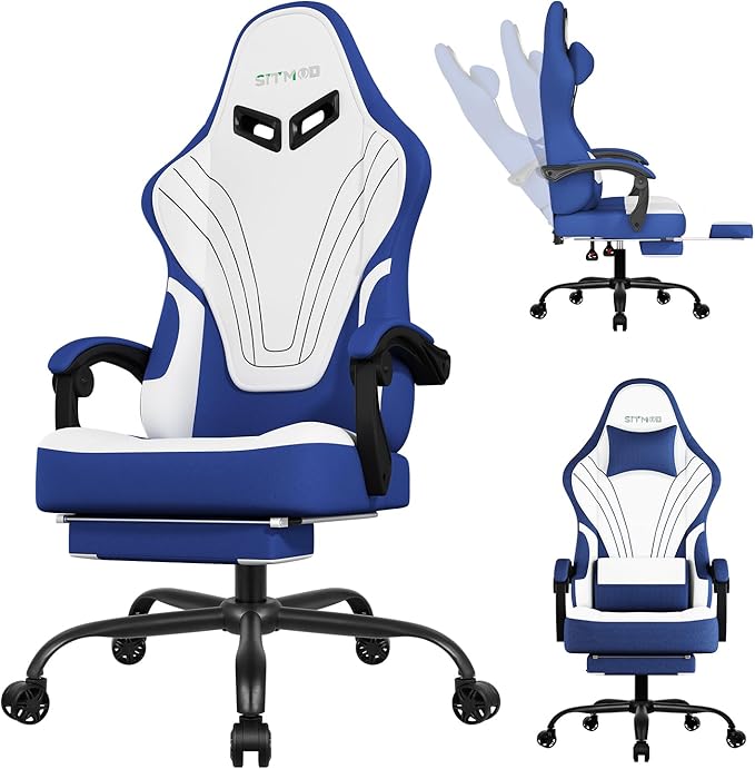 Gaming Chair with FootrestFabric Computer Chair with Pocket Spring CushionHigh Back Comfortable Ergonomic Office Chairs with Lumbar SupportHeight Adjustable Gamer Chair for AdultsBlue
