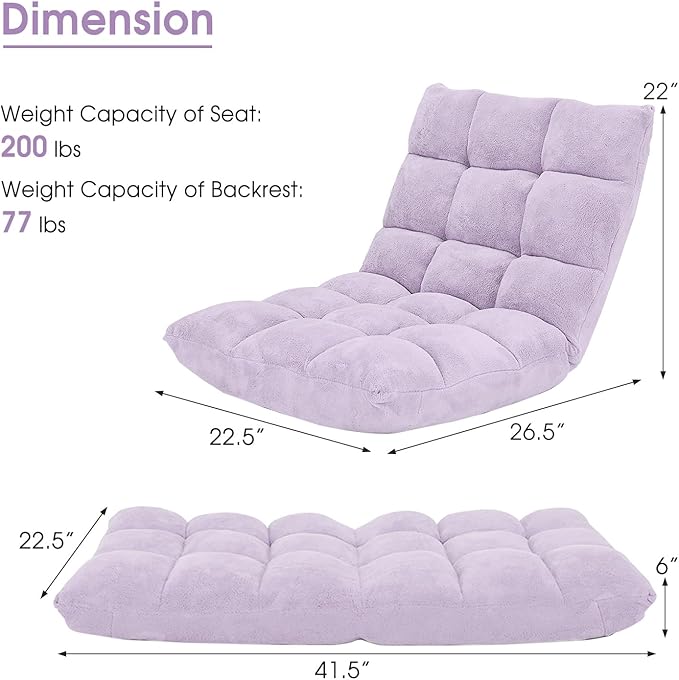 GORELAX Memory Foam Floor Chair 14-Poistion Adjustable Reading Gaming Chair Recliner Folding Cushioned Meditation Chair with Back Support Padded Lazy Sofa for Adults Kids (Light Purple)