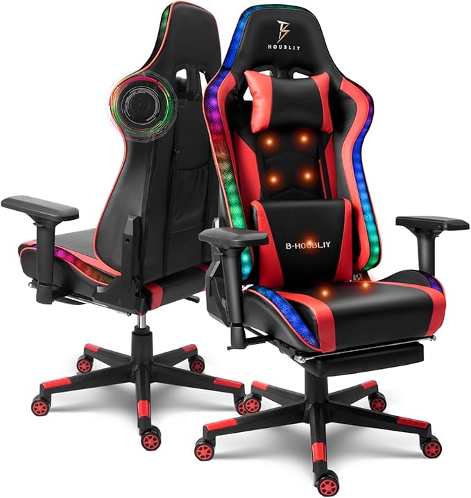 Gaming Chair with Bluetooth Speakers RGB Video Game Chairs with Full Massage PU Leather Ergonomic Pro Desk Chairs PC Racing Style Silla Gamer for Adults TeensRed