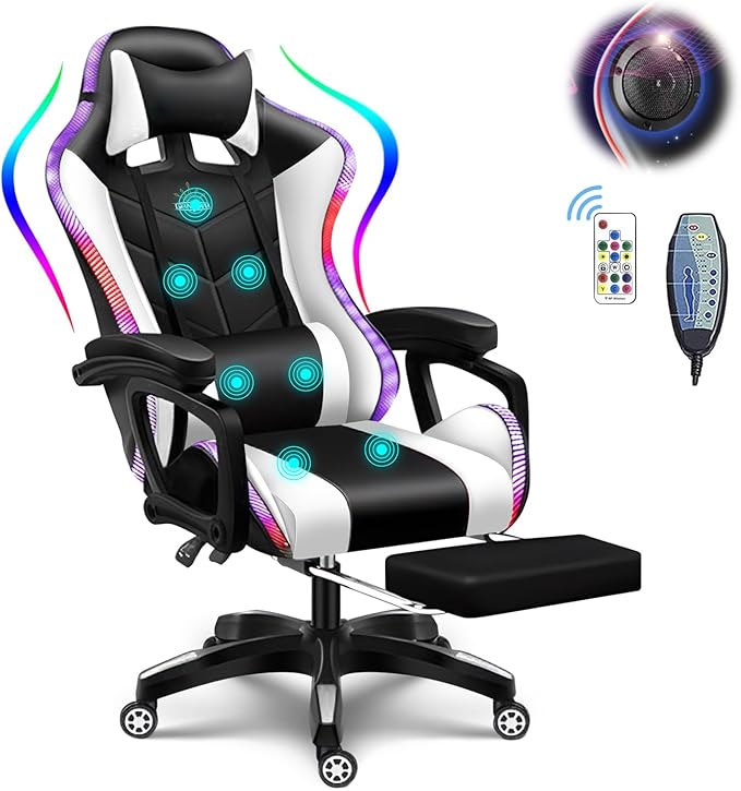 XOOFMASS Massage Gaming Chair with Speakers RGB Lights LED Music Video Game Chair Ergonomic PU Leather High Back Computer Chair Reclining Chair with Retractable FootrestWhite