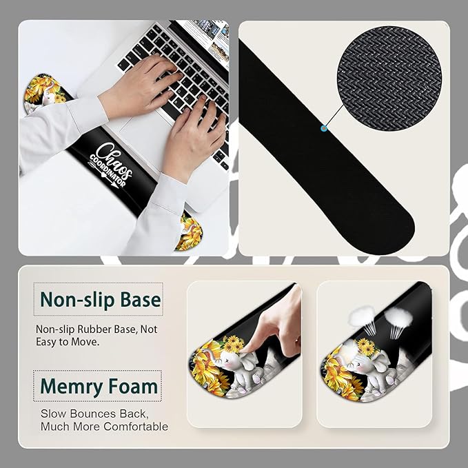 Large Mouse Pad Ergonomic Mouse Pad with Wrist Rest and Keyboard Wrist Rest 4 in 1 Set 31.5 x11.8 inch Extended Desk Pad for Home Office Cute Baby Elephant and Sunflowers Black xxl Gaming Mouse Mat
