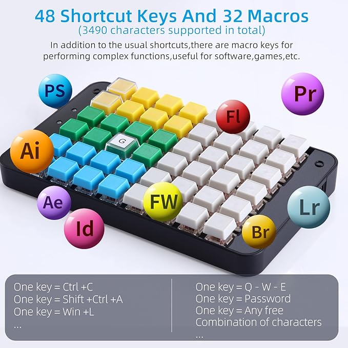 Koolertron One Handed Macro Mechanical Gaming Keyboard Fully Programmable Mini Keypad 48-Key Mini USB Macro Keyboard with Blank Keycaps for Gamers/Cashier/Designers/Video Editors