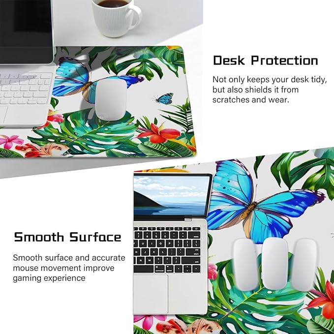 Tropical Palm Butterfly Large Mouse Pad Gaming Mousepad Desk Mat for Desktop Computer Keyboard Waterproof Mouse Mat Desk Pad with Non-Slip Base for Game School Office Home 35.4 x 15.7