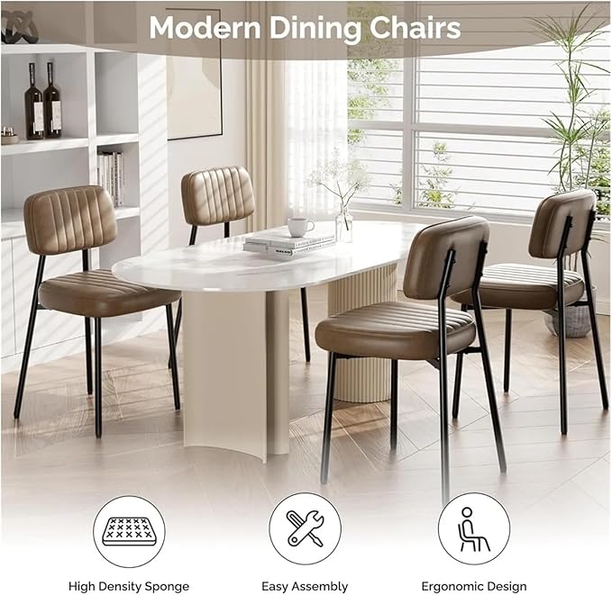 Adjustable Office Computer Chair with Armrest 1pcs Minimalist Comfy Upholstered Dining Chairs with Thick Cushions Seat Back and Metal Legs(Brown)