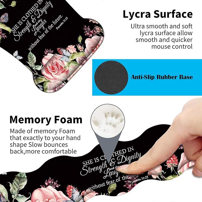 3 in 1 Keyboard Wrist Rest + Mouse Pad and Coaster Ergonomic Gel Mouse Pad and Keyboard Pad Set Comfortable Lightweight for Easy Typing Pain Relie Bible Verses Proverbs 31:25