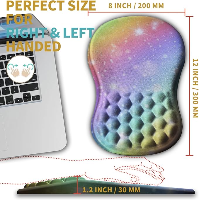 Hokafenle Ergonomic Mouse Pad Wrist Support with Massage Design Wrist Rest Pain Relief Mousepad with Memory Foam&ampNon-Slip PU Base Mouse Pads for Wireless Mouse &amp Desk (12x8 inchRainbow Bubb