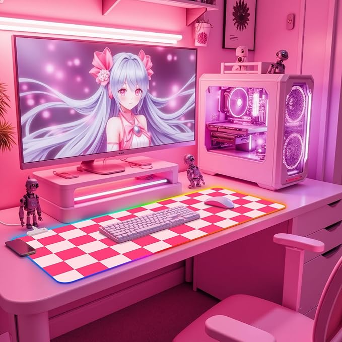 RGB Gaming Mouse Pad I Large Mousepad with 14 Led Modes I Keyboard Pad Gaming Desk Mat I Non-Slip Rubber Base Mouse Mat I 900x400x4mm Waterproof Mousepad for Gaming PC MacBook I Pink Checkered