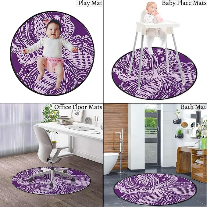 Purple Round Rug Contemporary Modern Boxes Easy Cleaning for Home OfficeLiving RoomBedroomKitchen Non Shedding Area Rug Floral Pattern Boho Inspired Design Diameter 35.4 in