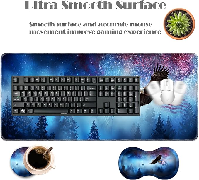 Ergonomic Keyboard Wrist Rest &amp Mouse Pad Wrist Rest SetXL Gaming Desk Mat 31.5x 11.8Non-Slip BaseMemory FoamEasy Typing Pain Relief for Office &amp HomeEagle US Flag Fireworks