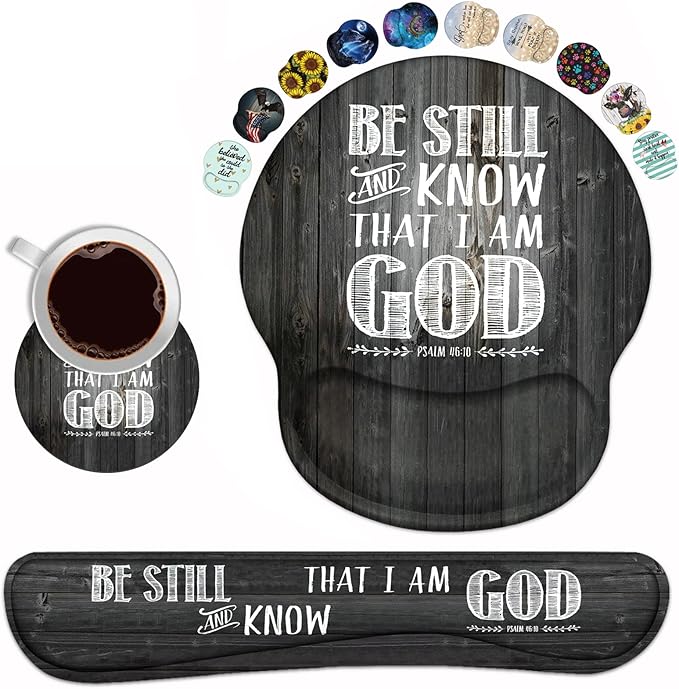 Keyboard Wrist Rest and Mouse Pad Wrist Support Set with Coasters Ergonomic Gaming Mousepad Non-Slip PU Base for Home Office Working Studying Easy Typing &amp Pain Relief - Bible Verse Psalm 46:10
